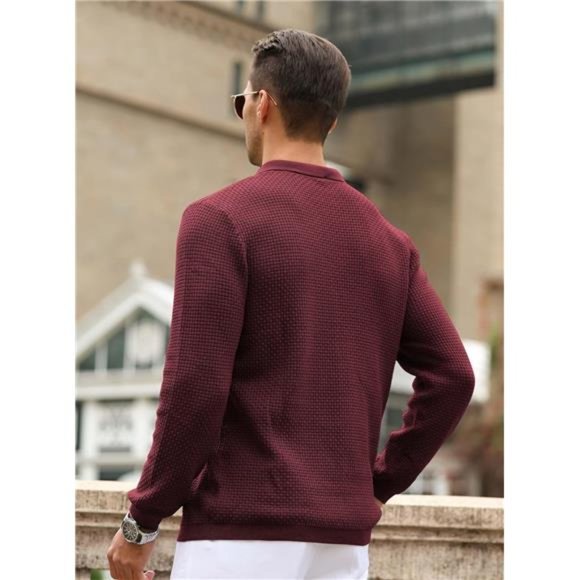 Mens Knit Polo Sweater Long Sleeve Lightweight Collared Pullover Casual - Picture 3 of 4